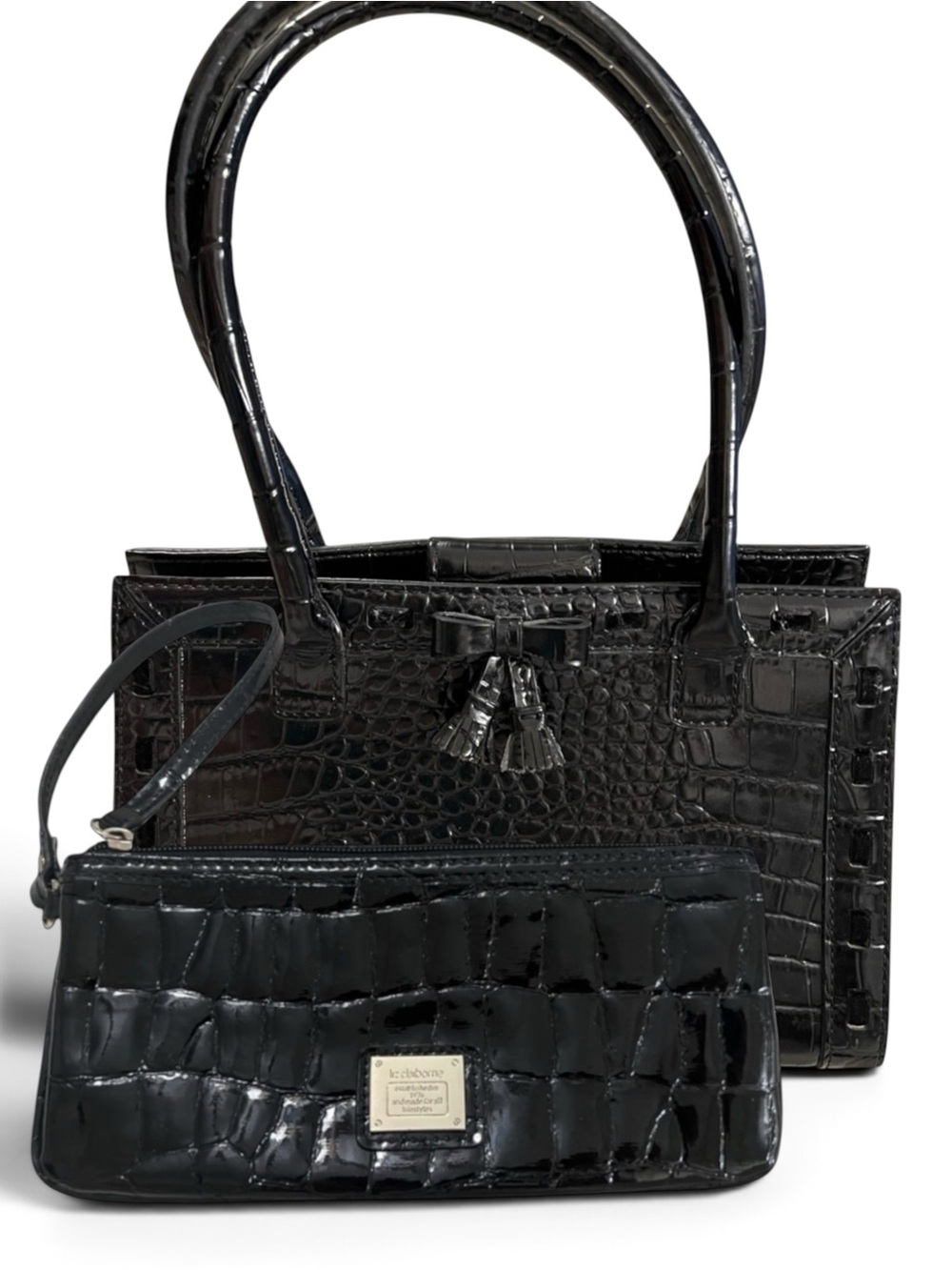 Liz Claiborne Vintage Croc Embossed Leather Shoulder Bag Wristlet Wallet Set